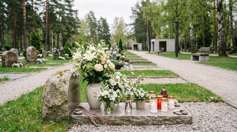 Цветы и свечи на могиле с зелеными насаждениями на кладбище