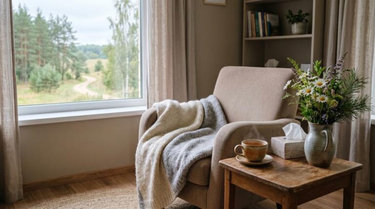 Спокойная комната с креслом, букетом цветов и чашкой чая, символизирующими мир.